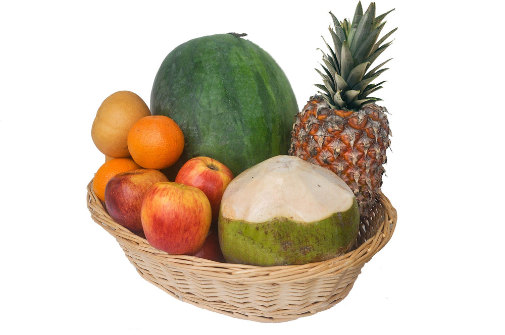 fresh fruits, watermelon, coconut, pineapple, apple, oranges